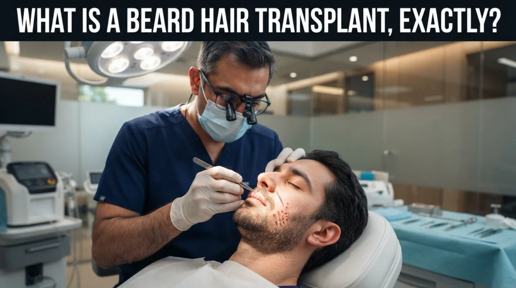 Surgeon performing a beard hair transplant using the FUE technique by implanting scalp hair follicles into patchy beard areas.
