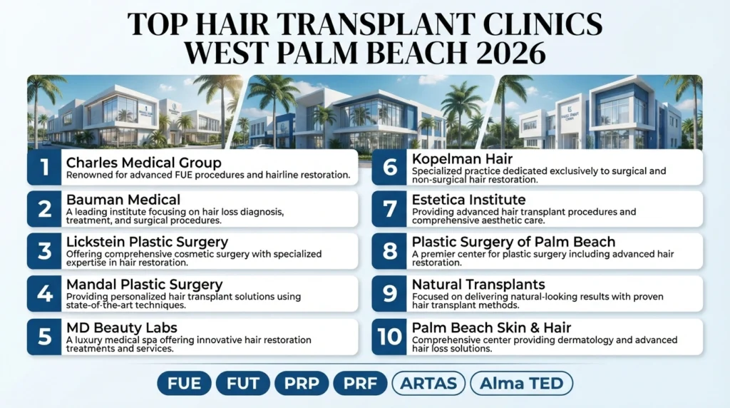 Top hair transplant clinics serving West Palm Beach including FUE, ARTAS robotic surgery and non-surgical hair restoration options